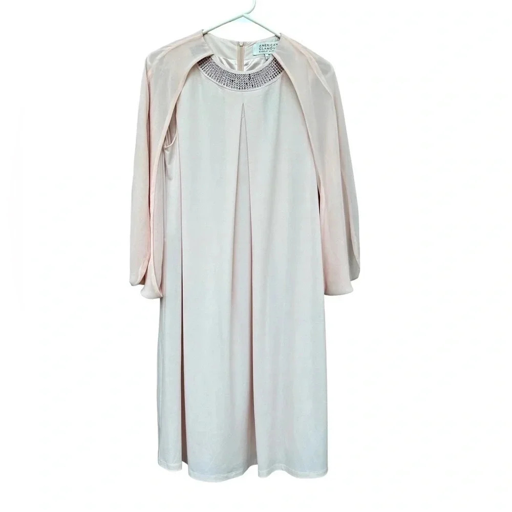 Badgley Mischka Women’s Pink Sleeveless Mini Dress Cape Rhinestone Collar Size M